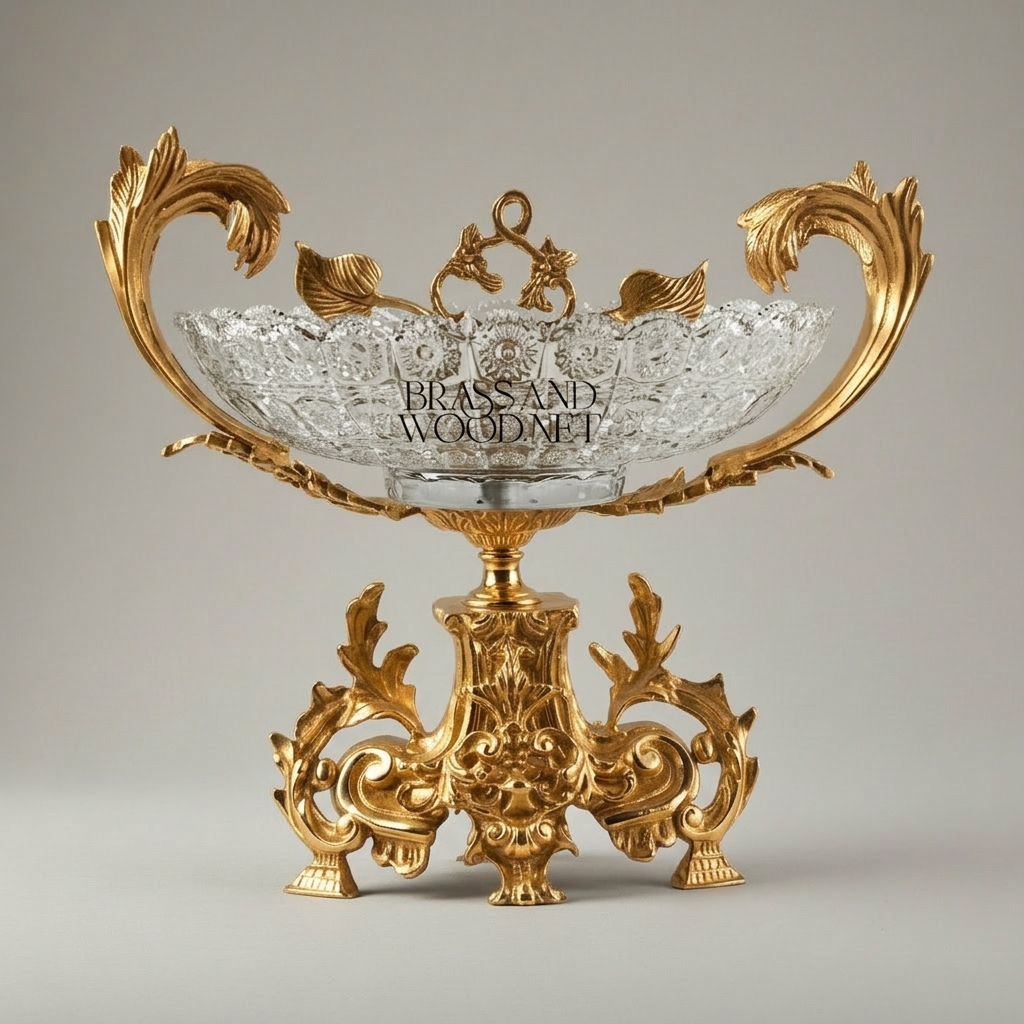 Baroque Crystal & Brass Centerpiece Bowl - Acanthus Leaf Sculpted Pedestal — Gold