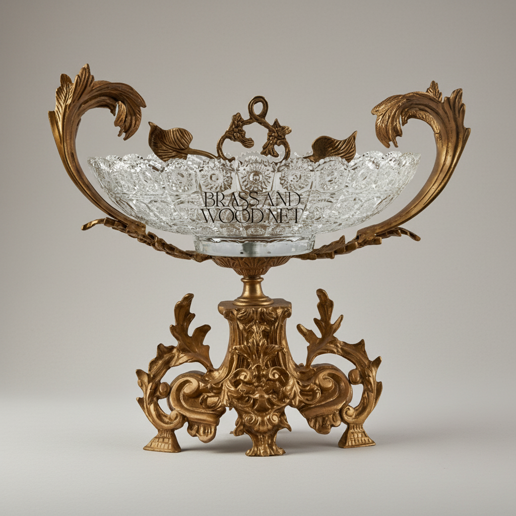 Baroque Crystal & Brass Centerpiece Bowl - Acanthus Leaf Sculpted Pedestal