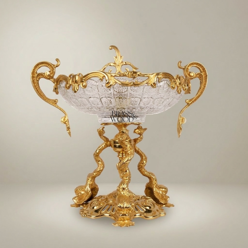 Baroque Crystal & Brass Centerpiece Bowl with Dragon Serpent Pedestal