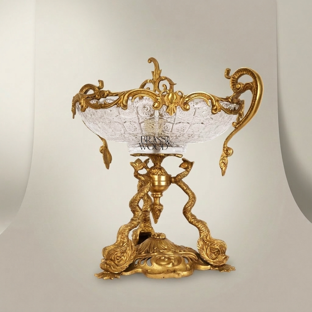 Baroque Crystal & Brass Centerpiece Bowl with Dragon Serpent Pedestal