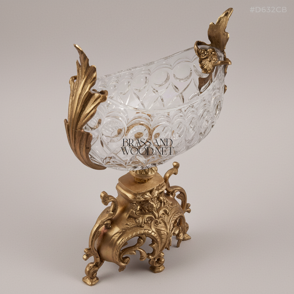 Baroque Crystal Brass Centerpiece Bowl - Figural Handles & Rococo Base