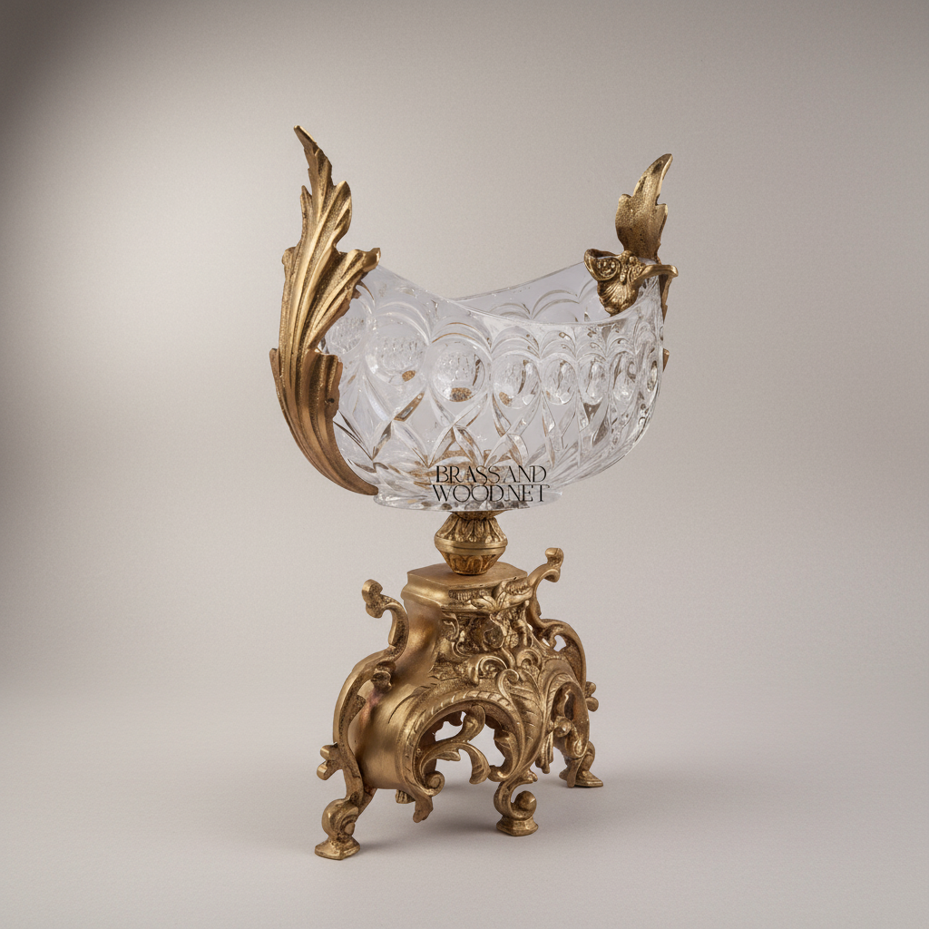 Baroque Crystal Brass Centerpiece Bowl - Figural Handles & Rococo Base
