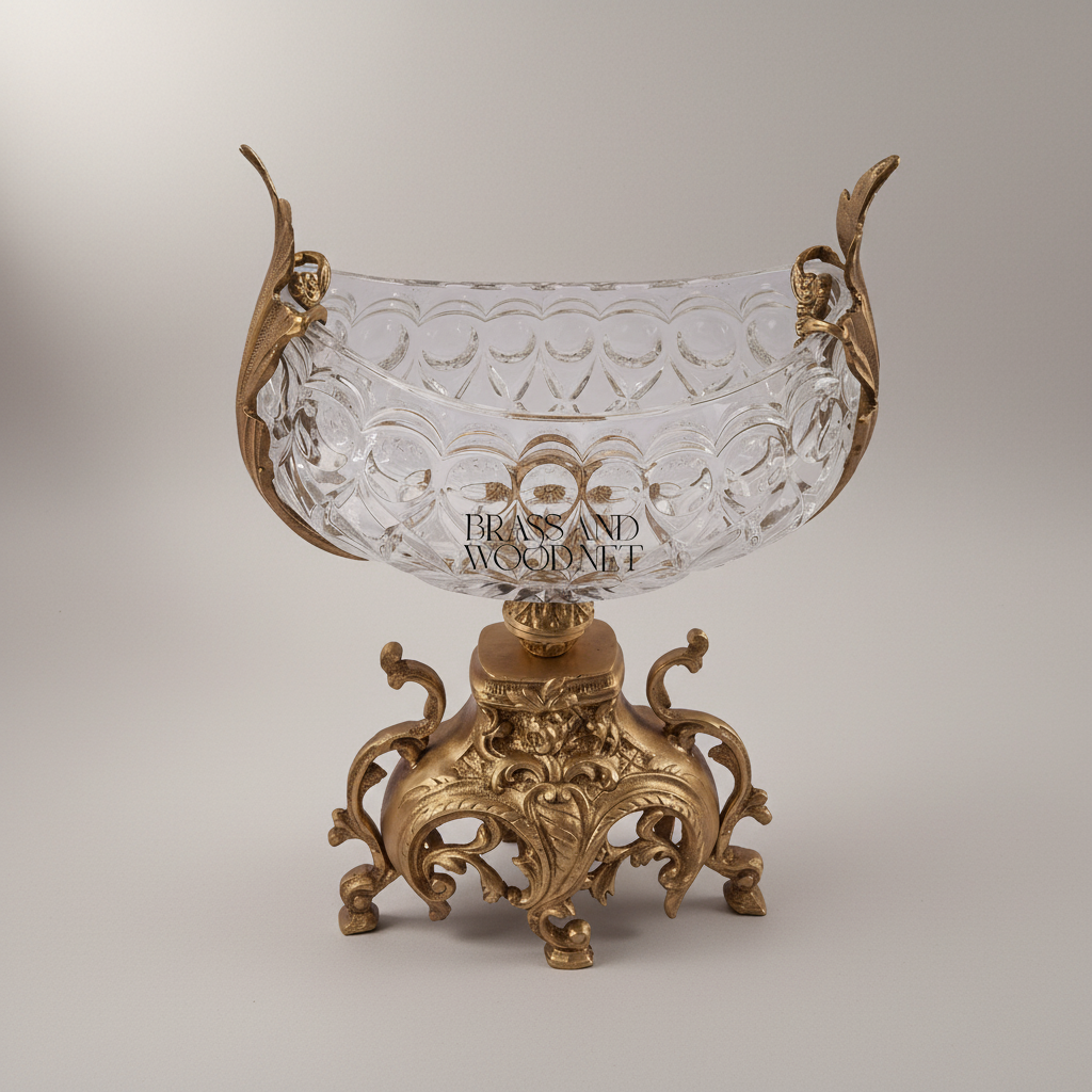 Baroque Crystal Brass Centerpiece Bowl - Figural Handles & Rococo Base
