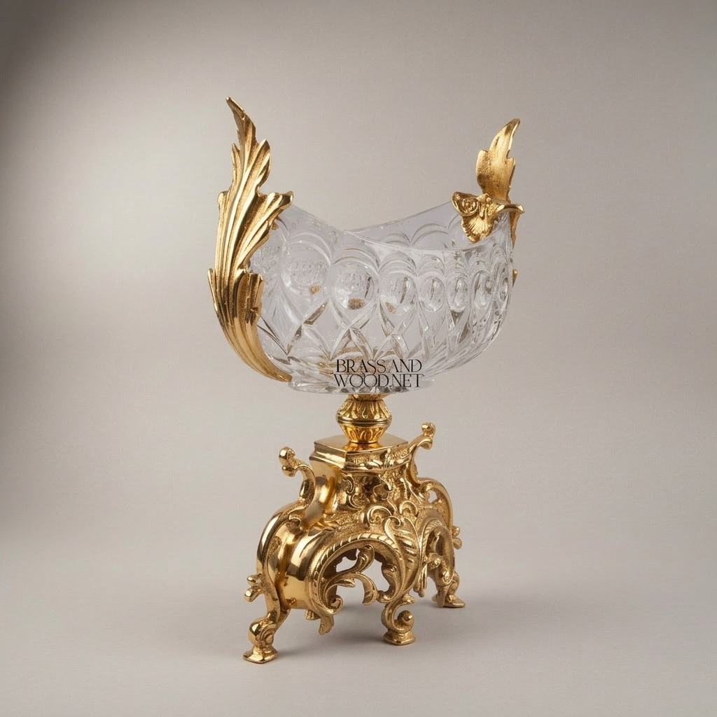 Baroque Crystal Brass Centerpiece Bowl - Figural Handles & Rococo Base — Gold