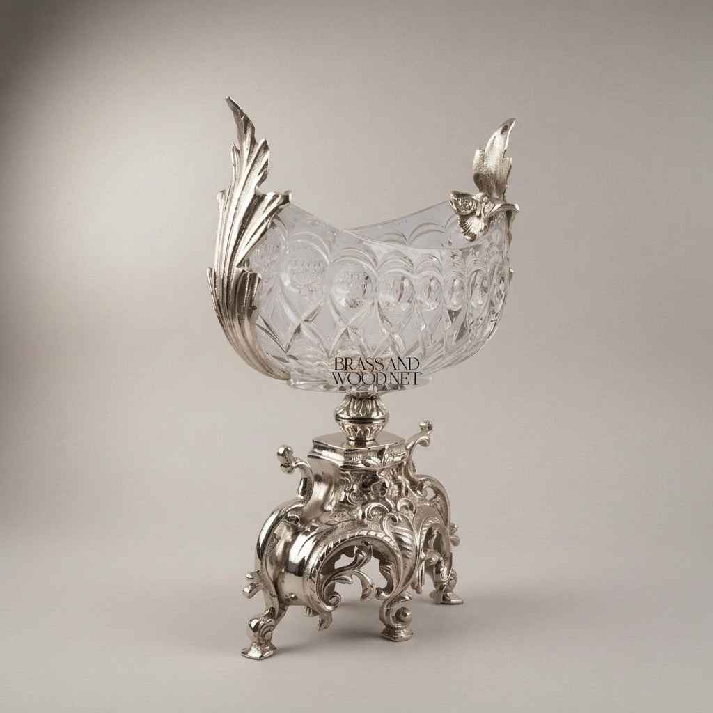 Baroque Crystal Brass Centerpiece Bowl - Figural Handles & Rococo Base — Silver