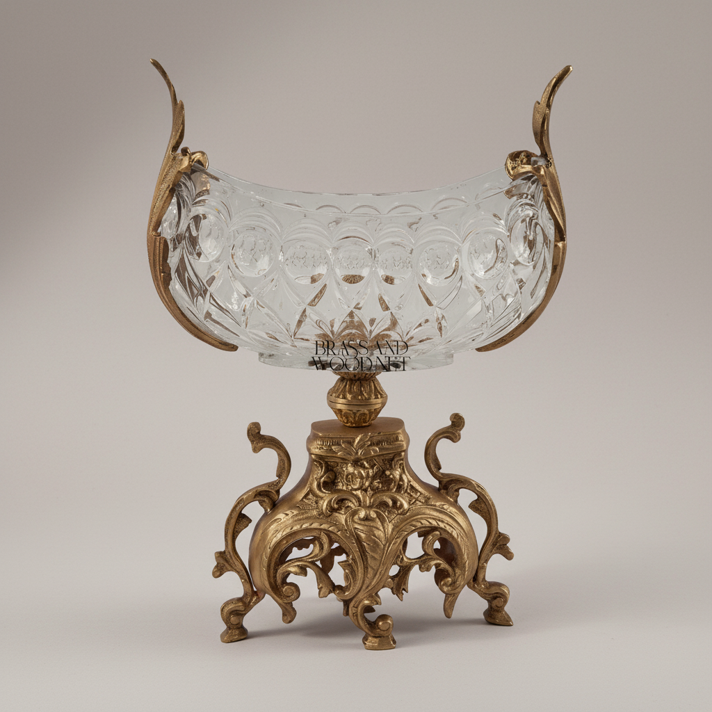 Baroque Crystal Brass Centerpiece Bowl - Figural Handles & Rococo Base — Antique Gold