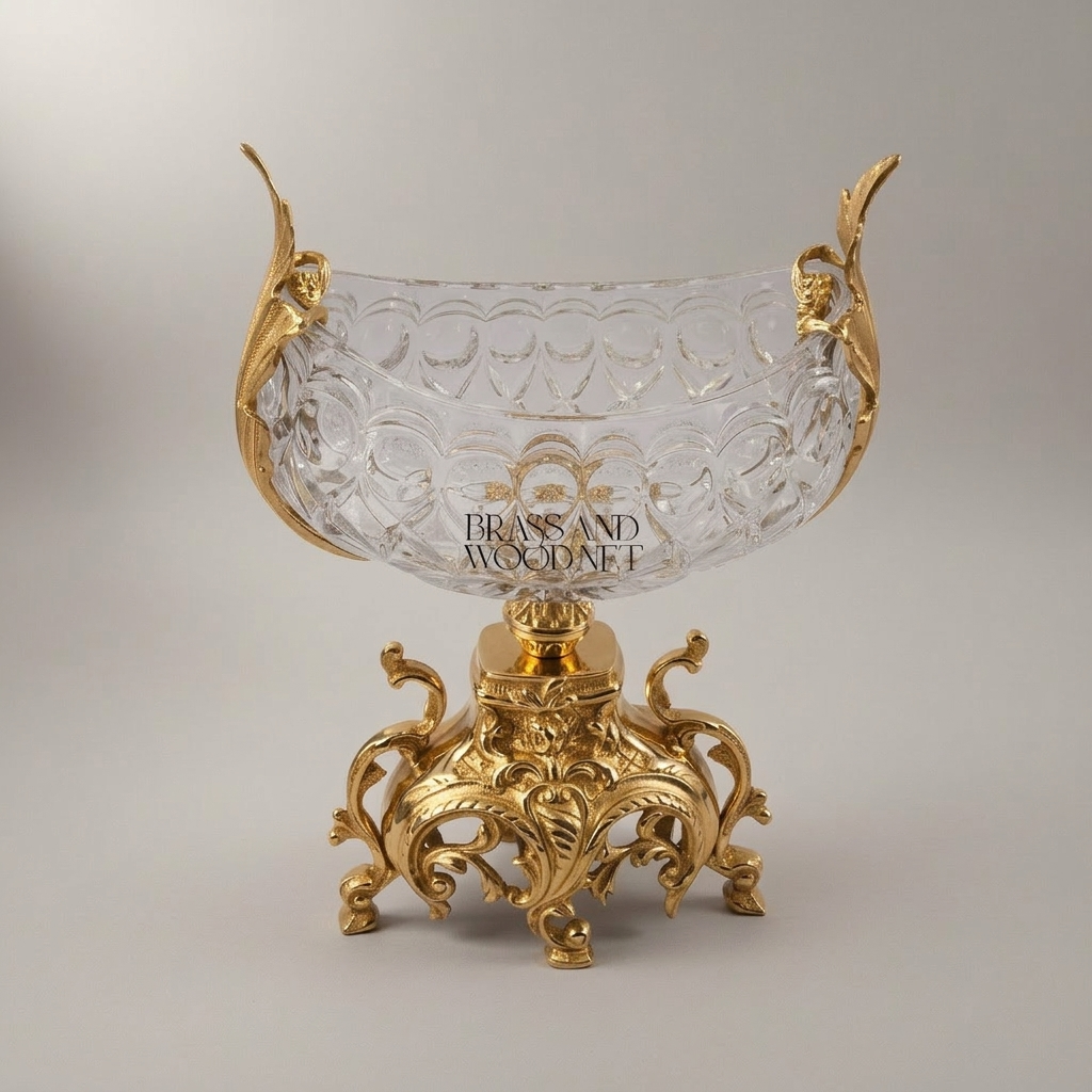 Baroque Crystal Brass Centerpiece Bowl - Figural Handles & Rococo Base — Gold