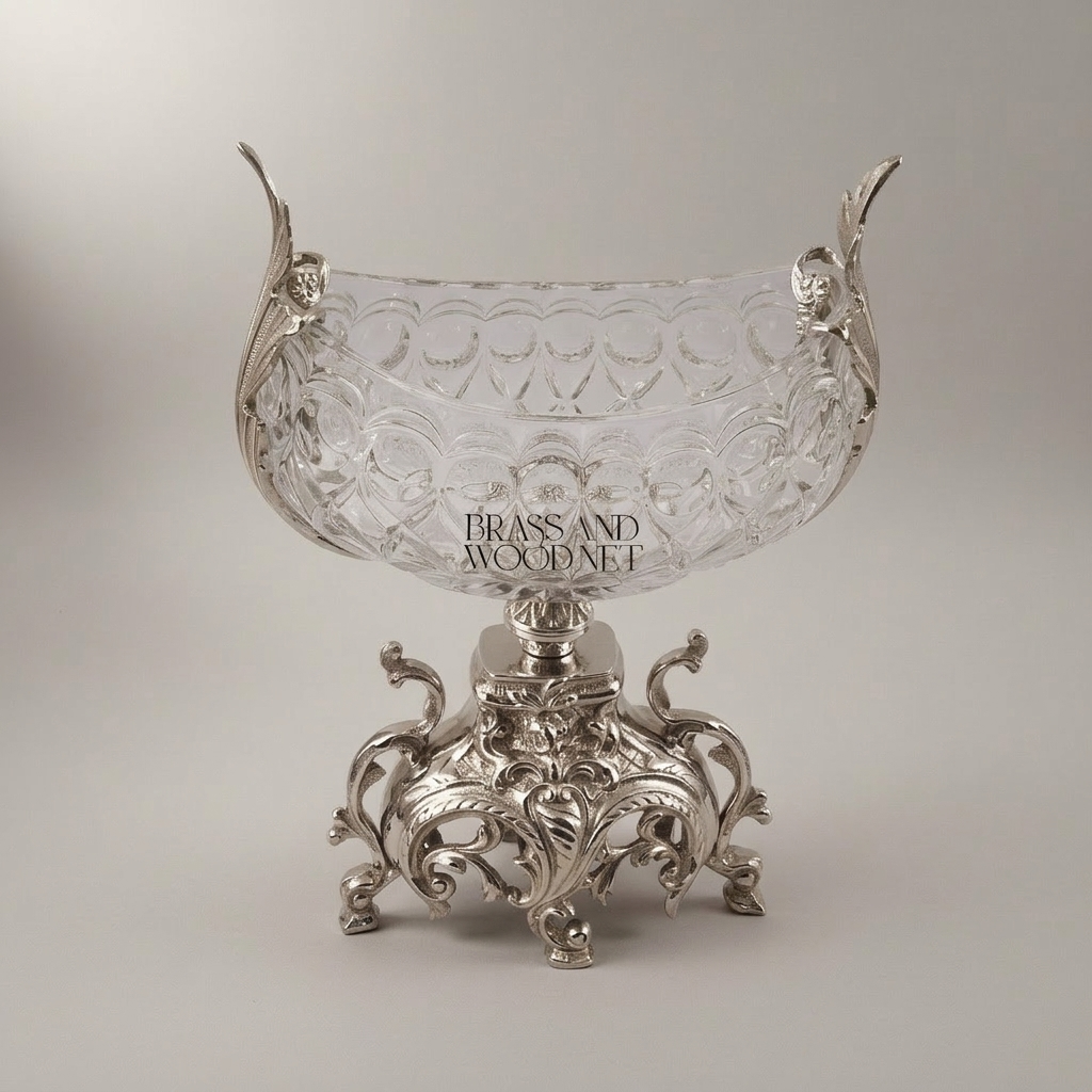 Baroque Crystal Brass Centerpiece Bowl - Figural Handles & Rococo Base — Silver