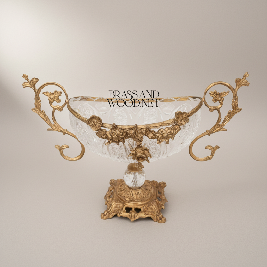 Baroque Crystal & Brass Centerpiece Bowl with Floral Handles