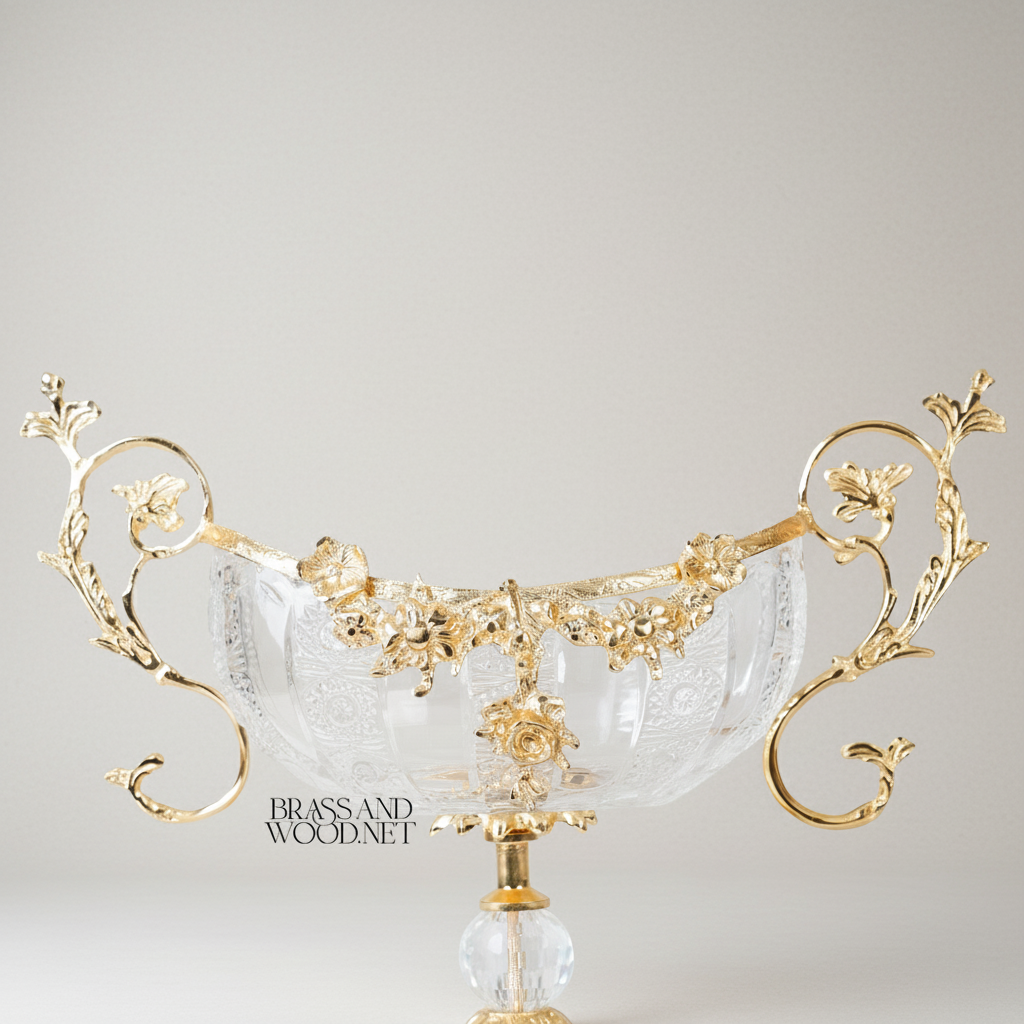 Baroque Crystal & Brass Centerpiece Bowl with Floral Handles — Gold