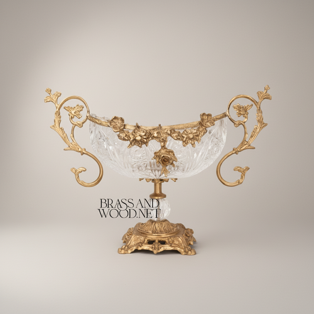 Baroque Crystal & Brass Centerpiece Bowl with Floral Handles