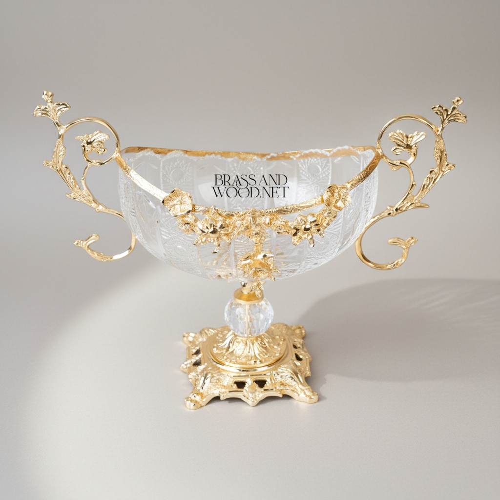 Baroque Crystal & Brass Centerpiece Bowl with Floral Handles — Gold
