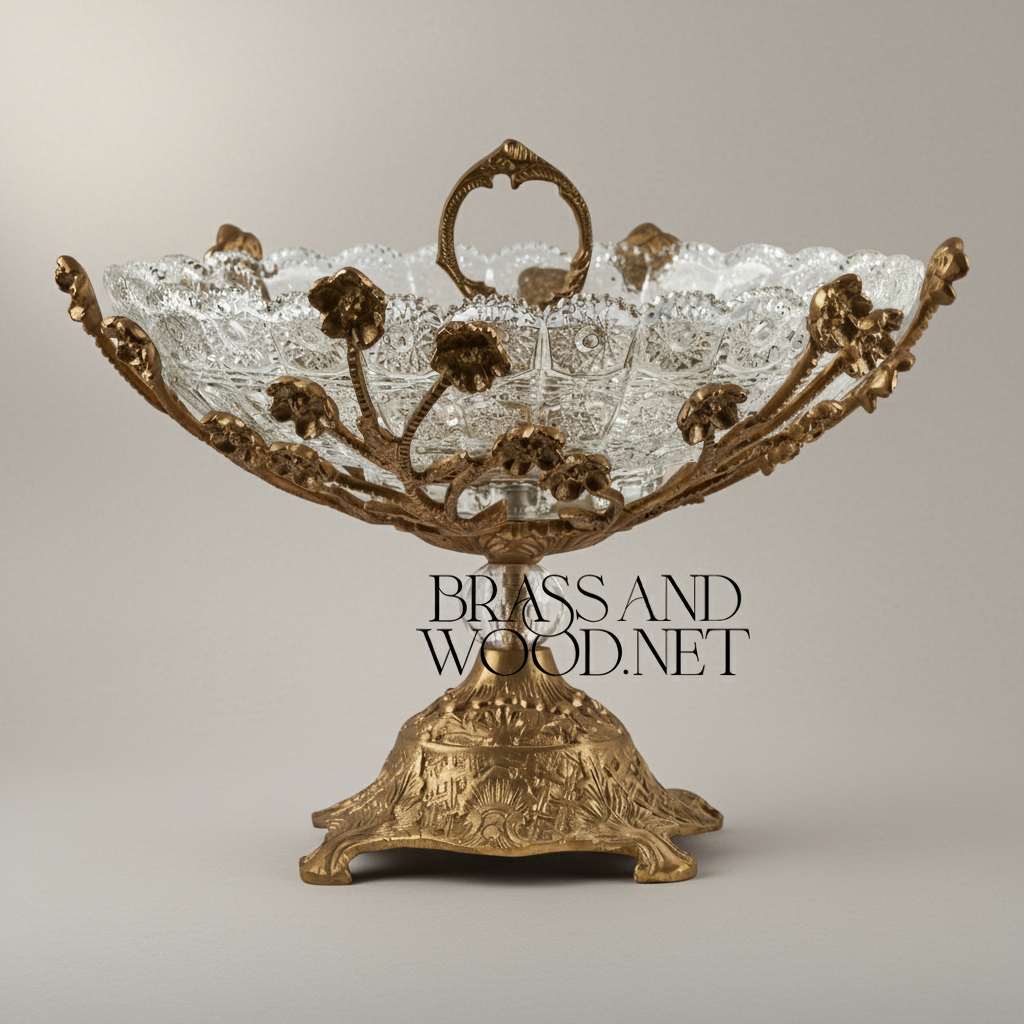 Baroque Crystal & Brass Centerpiece Bowl - Floral Filigree Pedestal