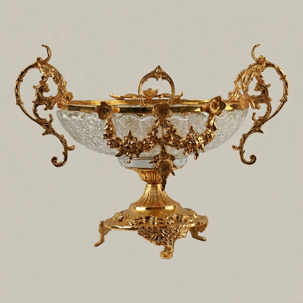 Baroque Crystal & Brass Centerpiece Bowl with Floral Garland Handles