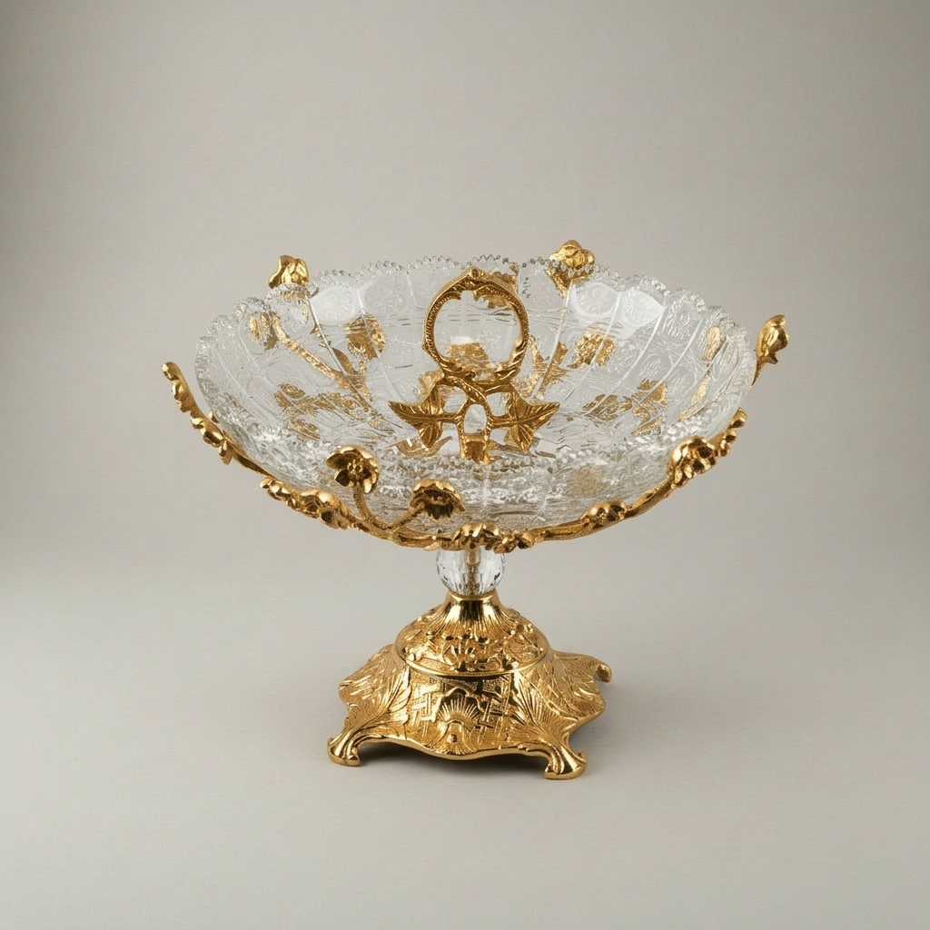 Baroque Crystal & Brass Centerpiece Bowl - Floral Filigree Pedestal — Gold
