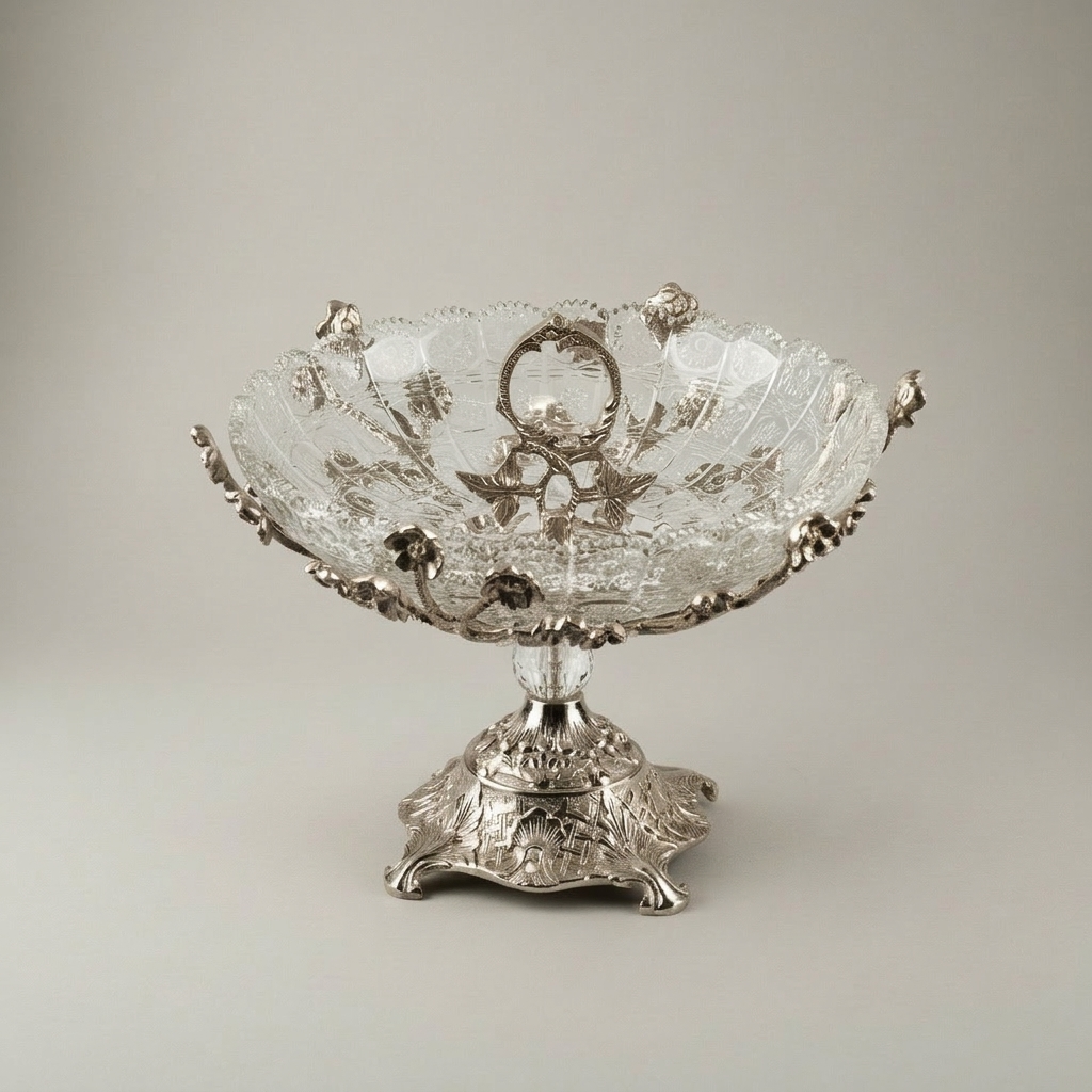 Baroque Crystal & Brass Centerpiece Bowl - Floral Filigree Pedestal — Silver
