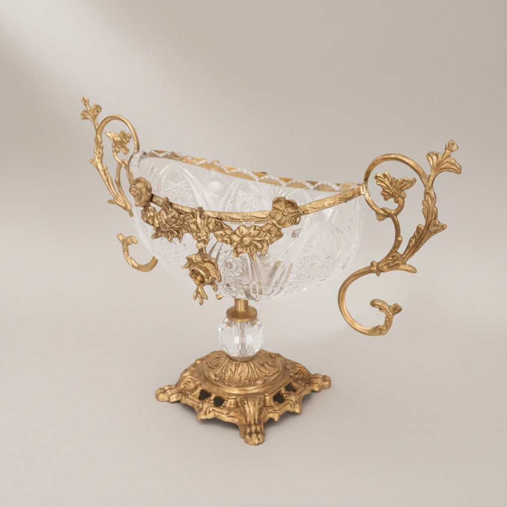 Baroque Crystal & Brass Centerpiece Bowl with Floral Handles — Antique Gold