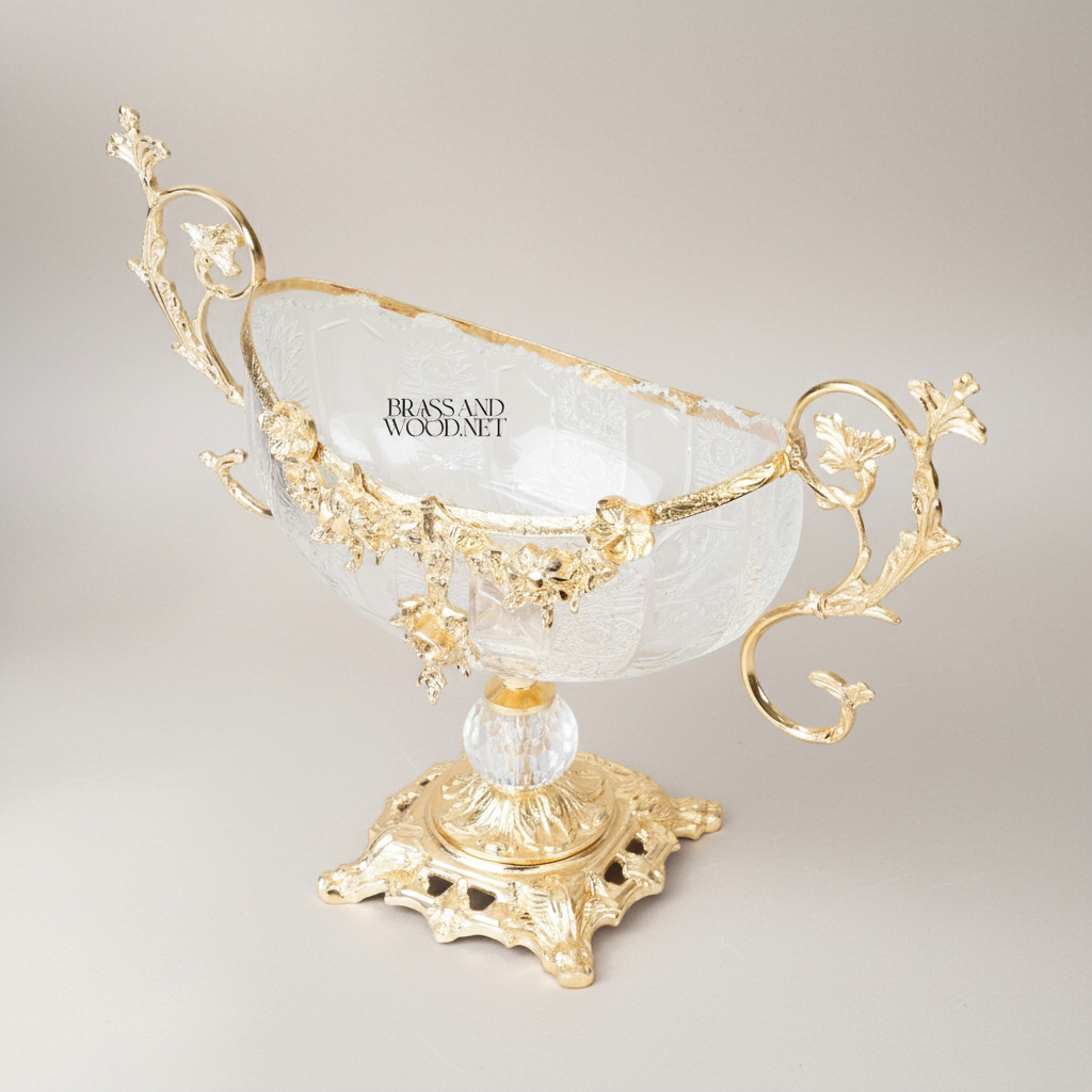 Baroque Crystal & Brass Centerpiece Bowl with Floral Handles — Gold
