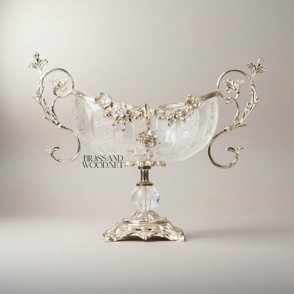 Baroque Crystal & Brass Centerpiece Bowl with Floral Handles — Silver
