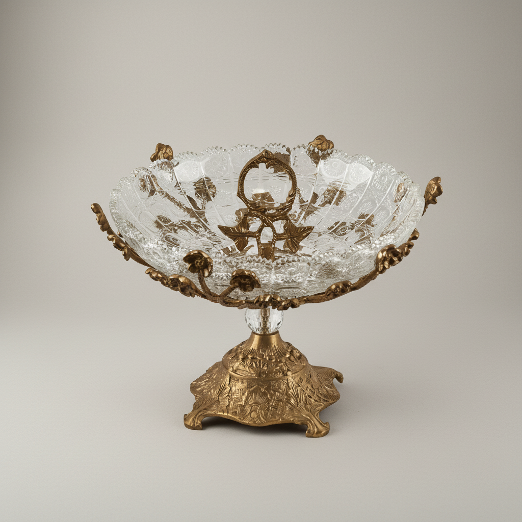 Baroque Crystal & Brass Centerpiece Bowl - Floral Filigree Pedestal