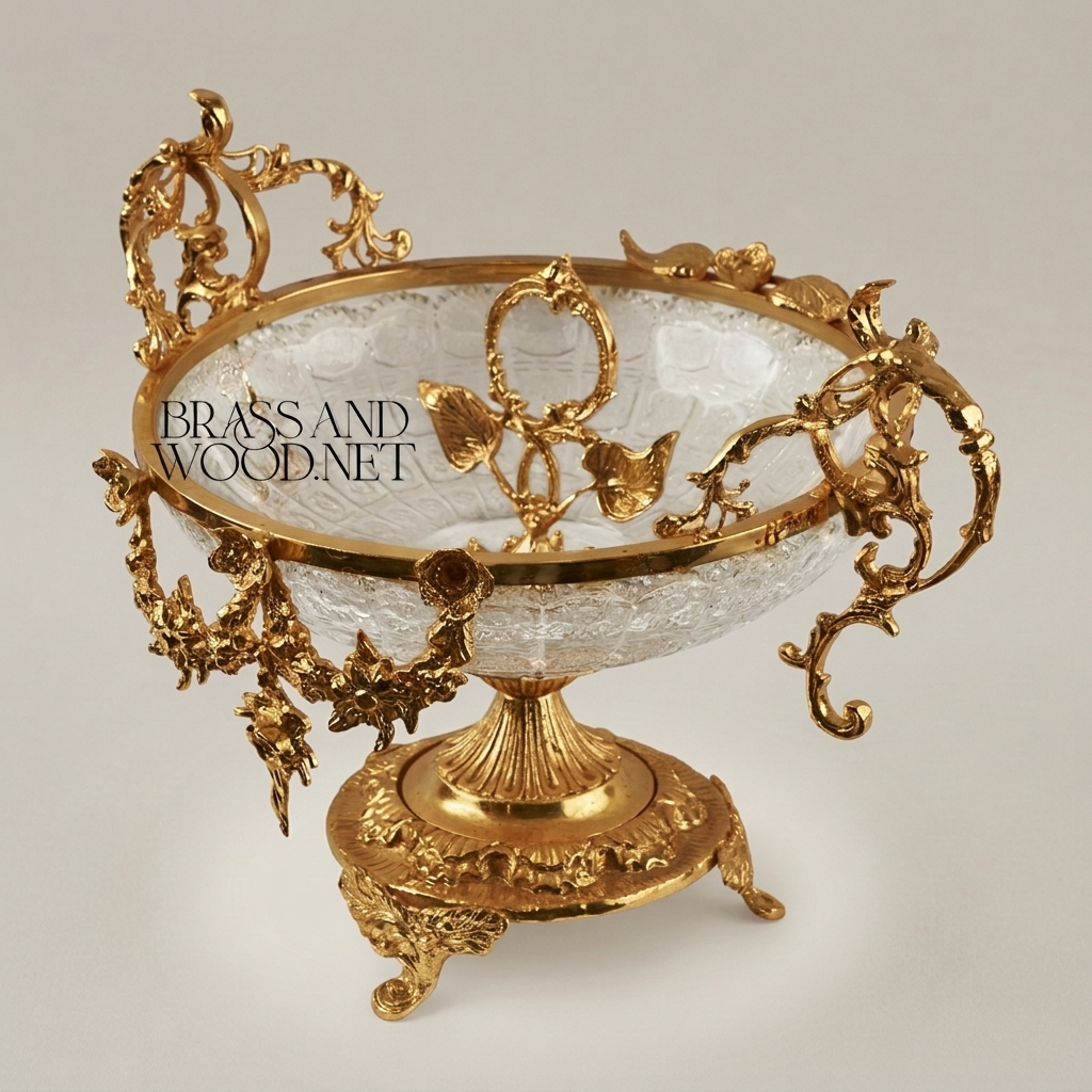 Baroque Crystal & Brass Centerpiece Bowl with Floral Garland Handles