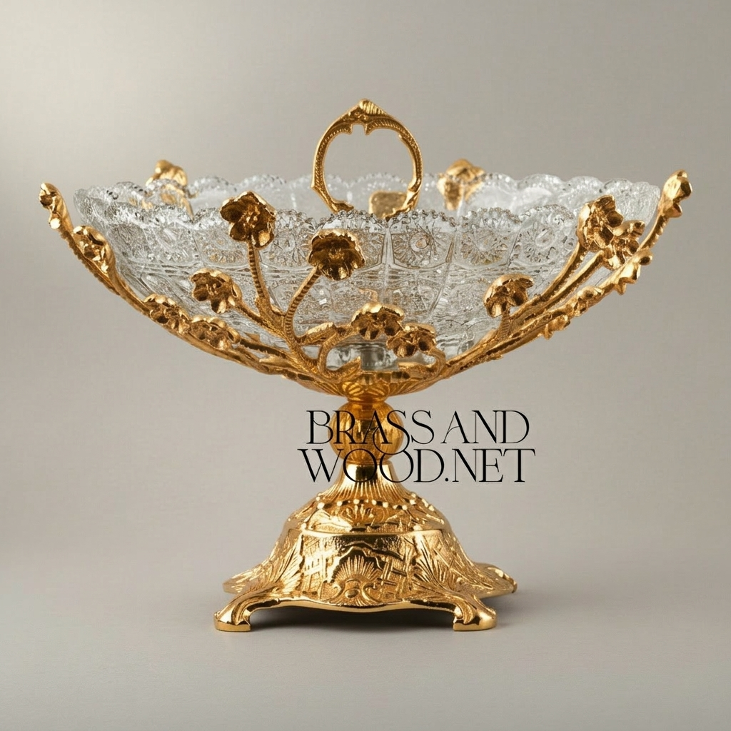 Baroque Crystal & Brass Centerpiece Bowl - Floral Filigree Pedestal — Gold