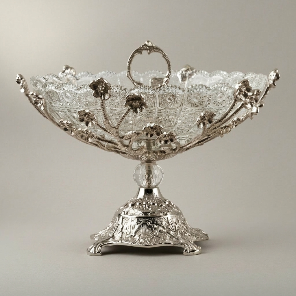 Baroque Crystal & Brass Centerpiece Bowl - Floral Filigree Pedestal — Silver