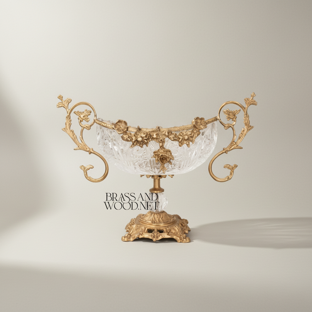 Baroque Crystal & Brass Centerpiece Bowl with Floral Handles