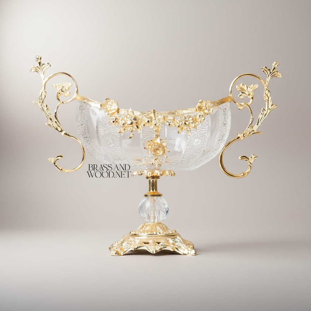 Baroque Crystal & Brass Centerpiece Bowl with Floral Handles — Gold