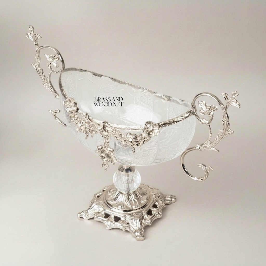 Baroque Crystal & Brass Centerpiece Bowl with Floral Handles — Silver