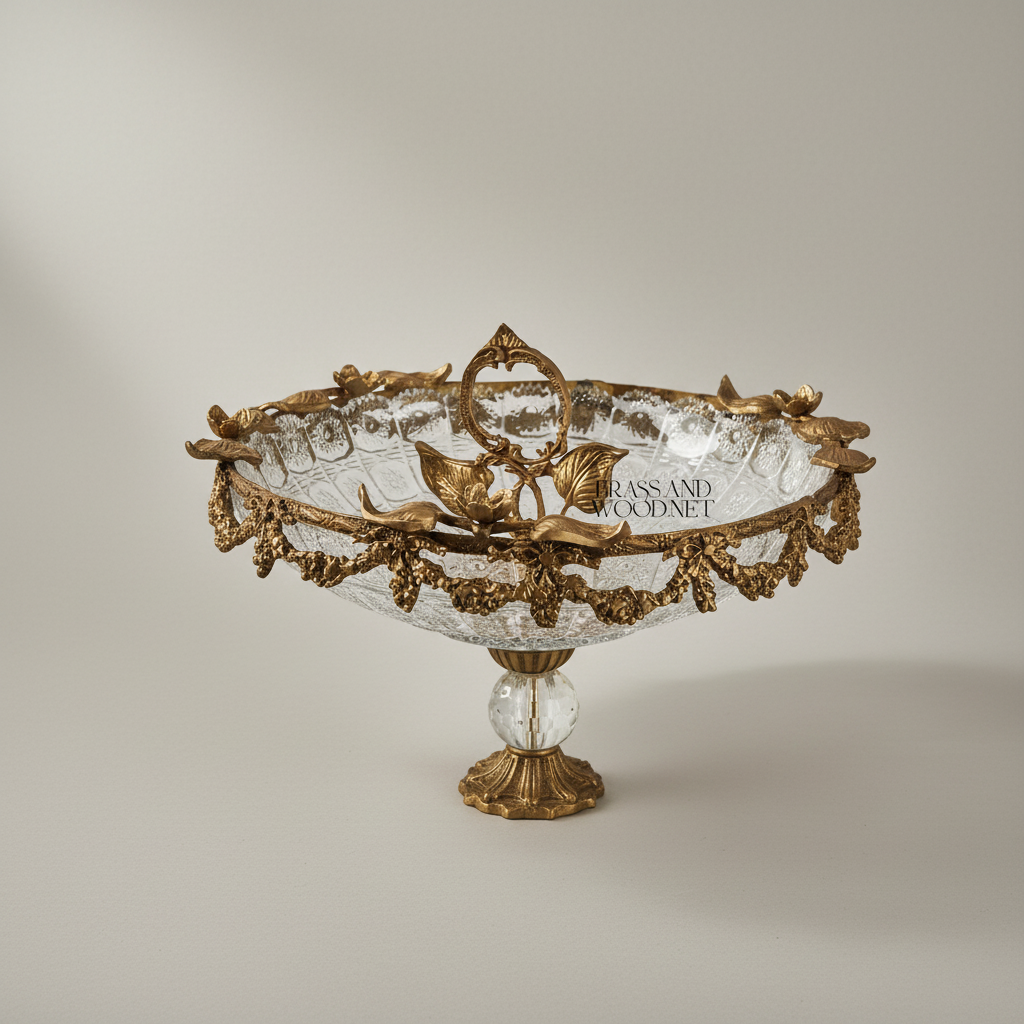 Baroque Crystal & Brass Centerpiece Bowl with Grapevine Swag & Figural Pedestal