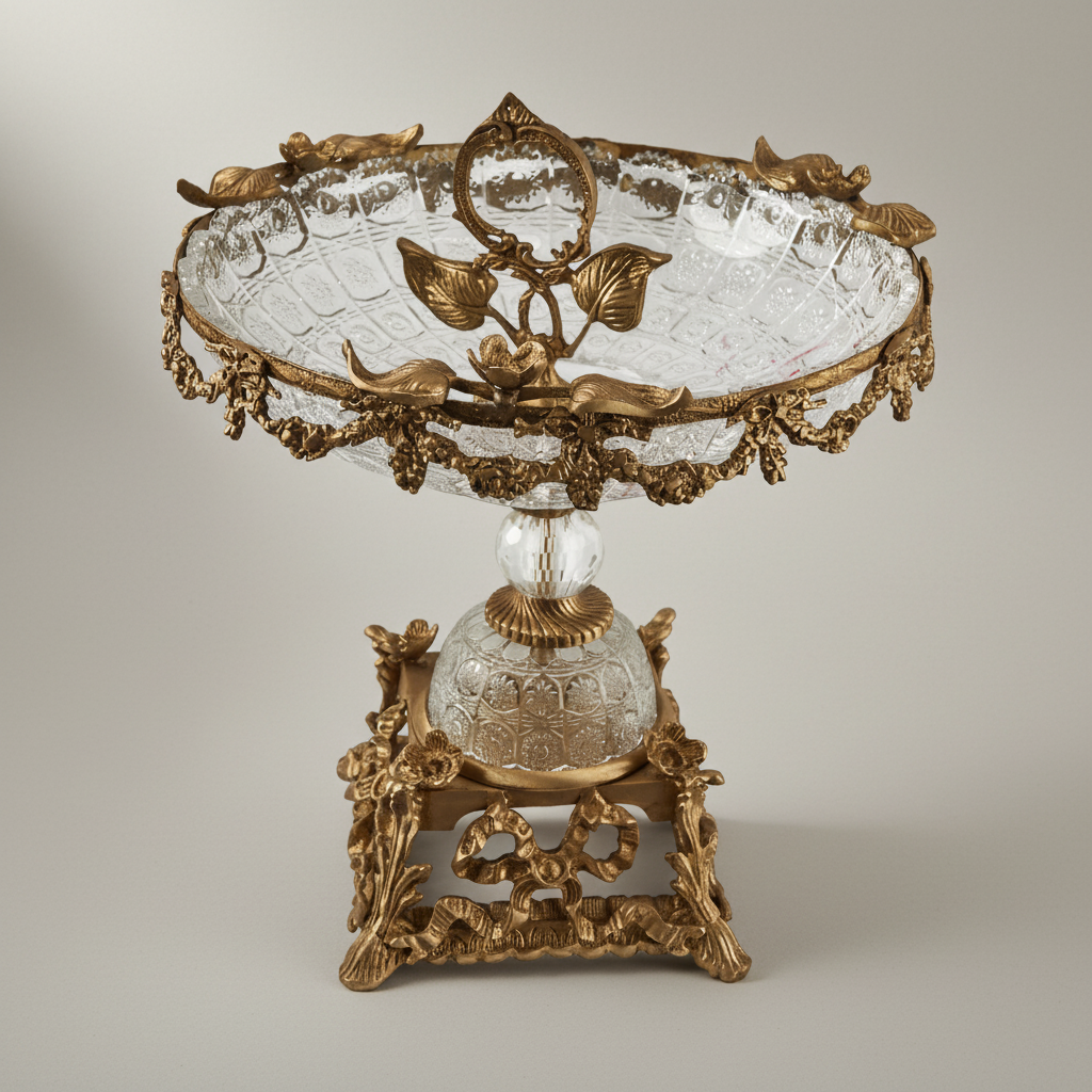 Baroque Crystal & Brass Centerpiece Bowl with Grapevine Swag & Figural Pedestal — Antique Gold