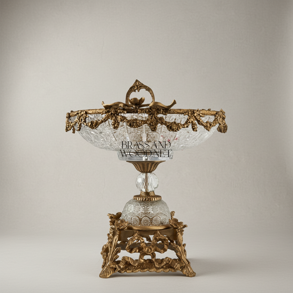 Baroque Crystal & Brass Centerpiece Bowl with Grapevine Swag & Figural Pedestal — Antique Gold