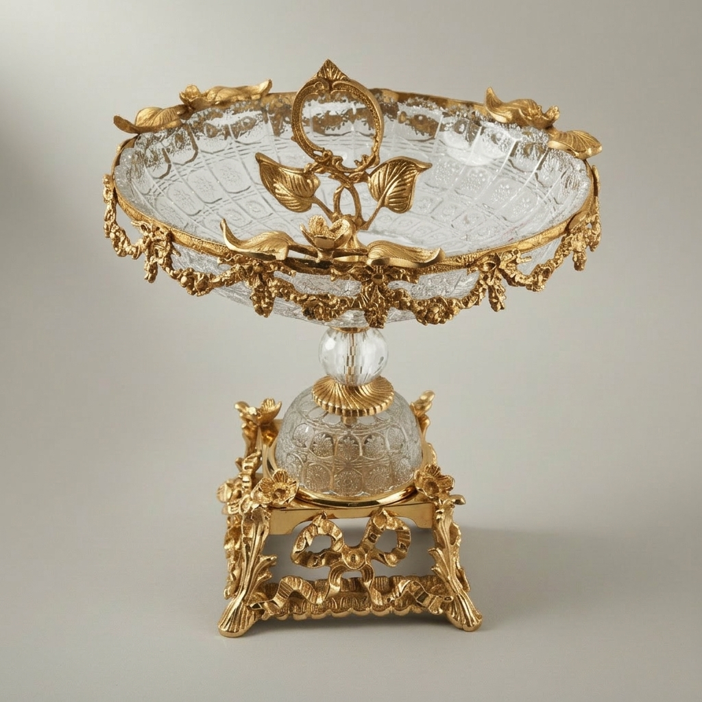 Baroque Crystal & Brass Centerpiece Bowl with Grapevine Swag & Figural Pedestal — Gold