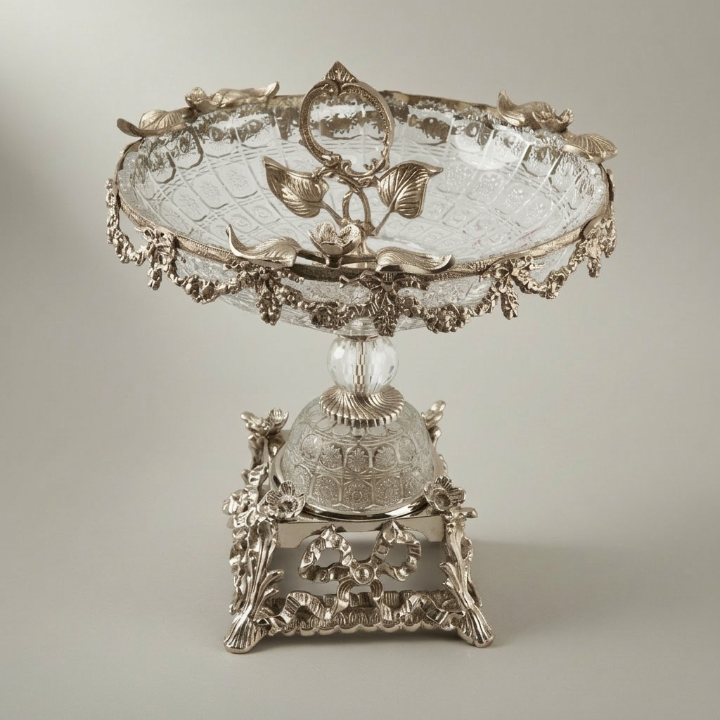 Baroque Crystal & Brass Centerpiece Bowl with Grapevine Swag & Figural Pedestal — Silver