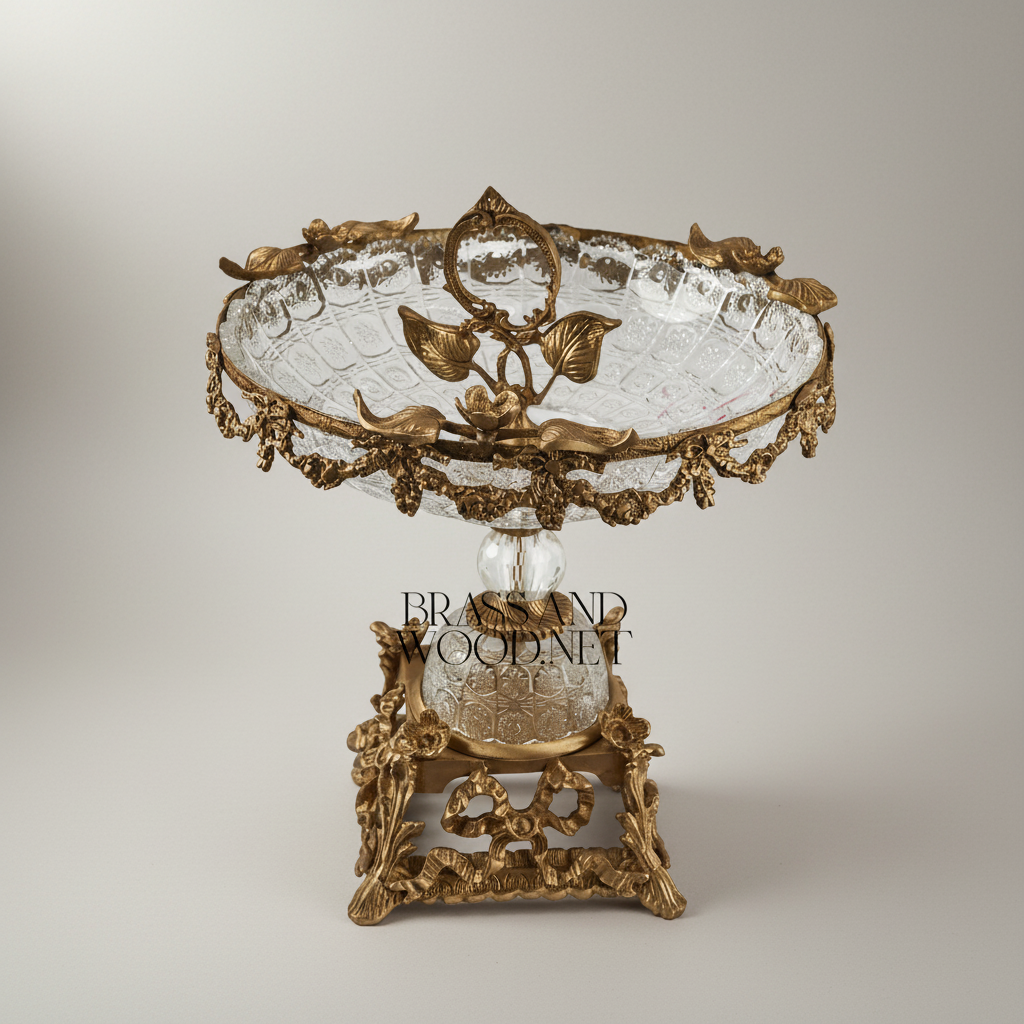Baroque Crystal & Brass Centerpiece Bowl with Grapevine Swag & Figural Pedestal — Antique Gold
