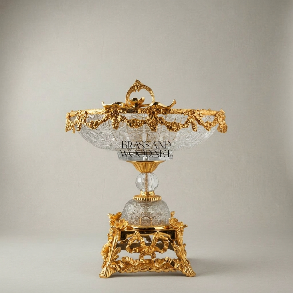 Baroque Crystal & Brass Centerpiece Bowl with Grapevine Swag & Figural Pedestal — Gold