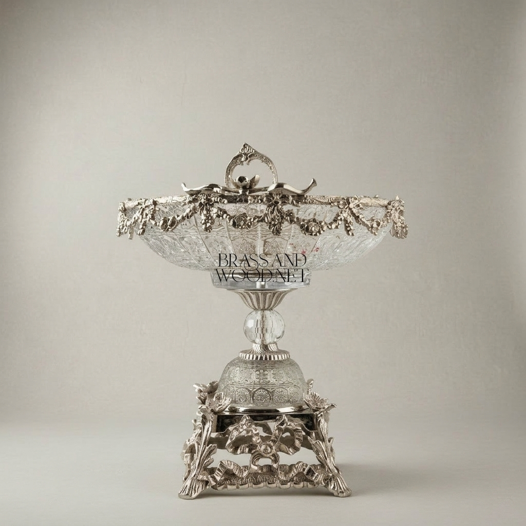 Baroque Crystal & Brass Centerpiece Bowl with Grapevine Swag & Figural Pedestal — Silver