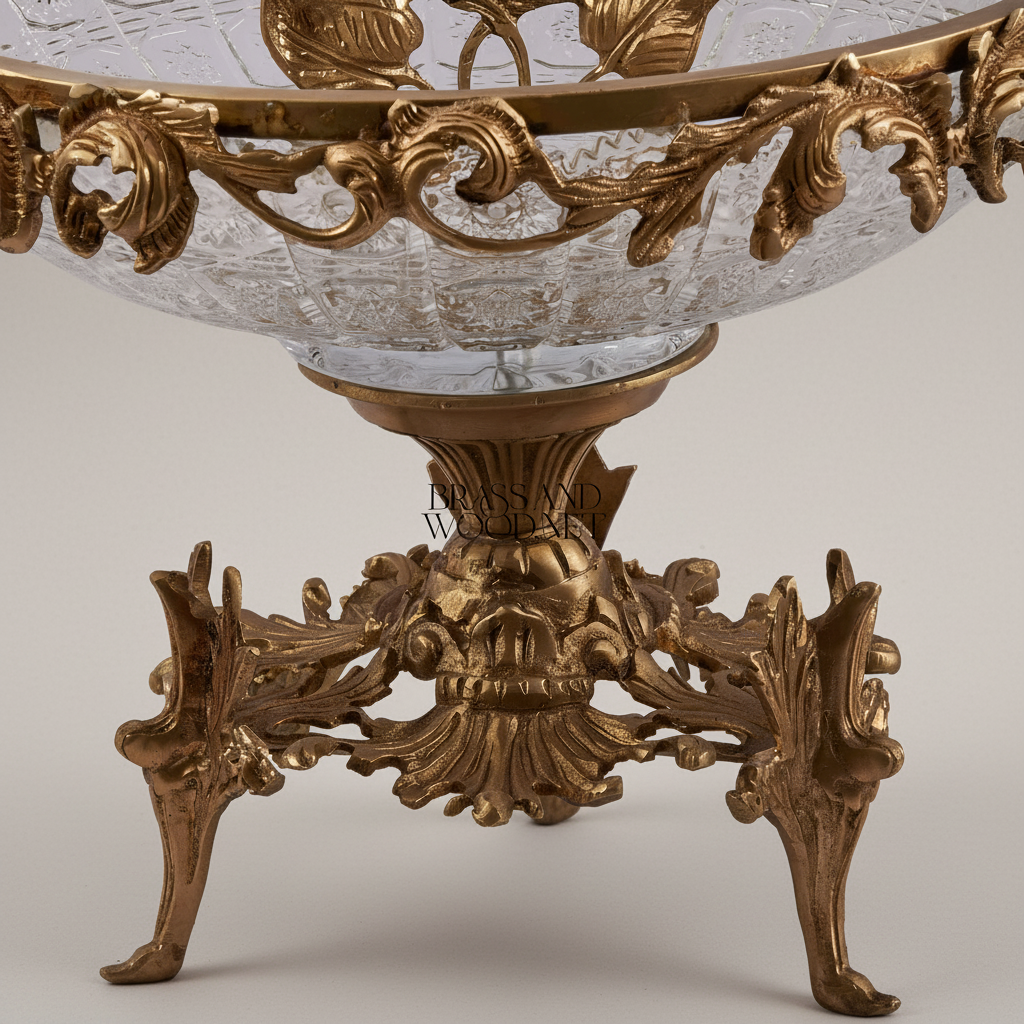 Baroque Crystal & Brass Centerpiece Bowl - Ornate Scrollwork Pedestal — Antique Gold