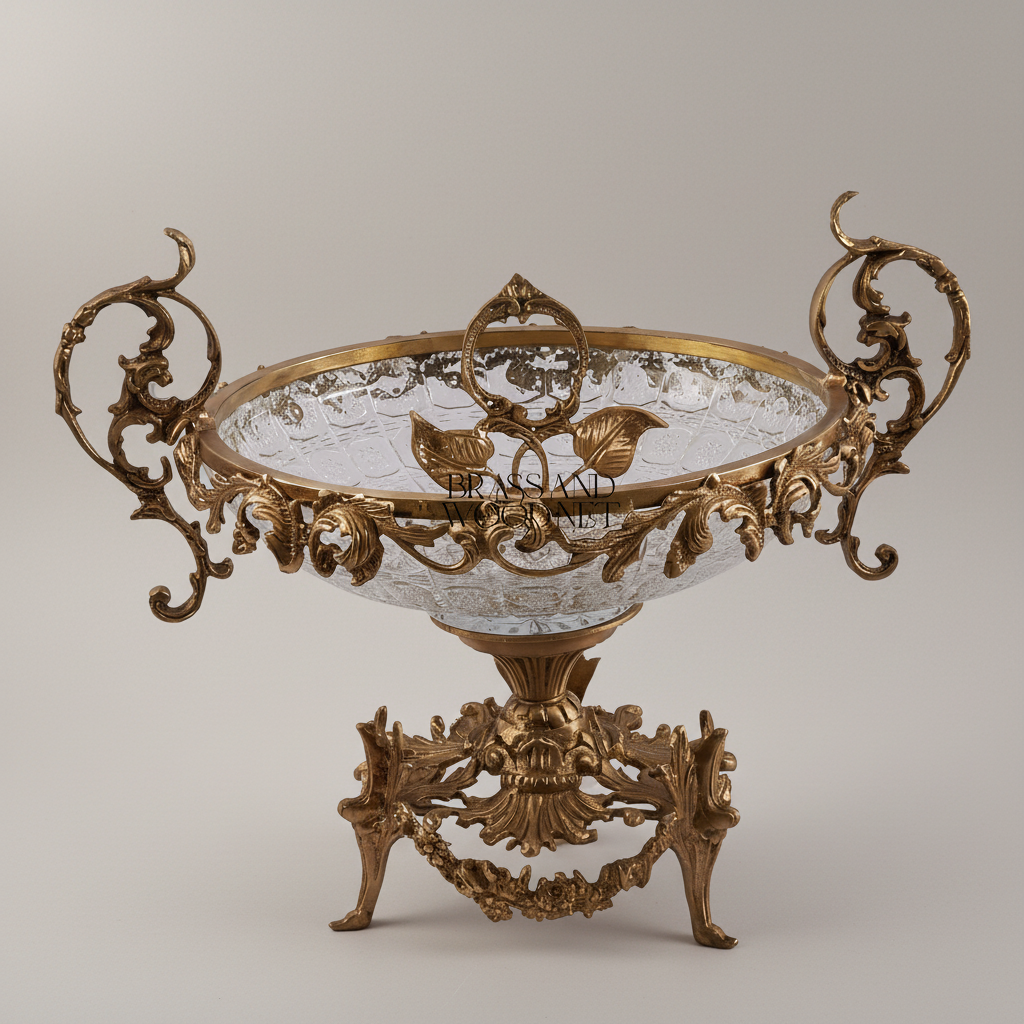 Baroque Crystal & Brass Centerpiece Bowl - Ornate Scrollwork Pedestal — Antique Gold
