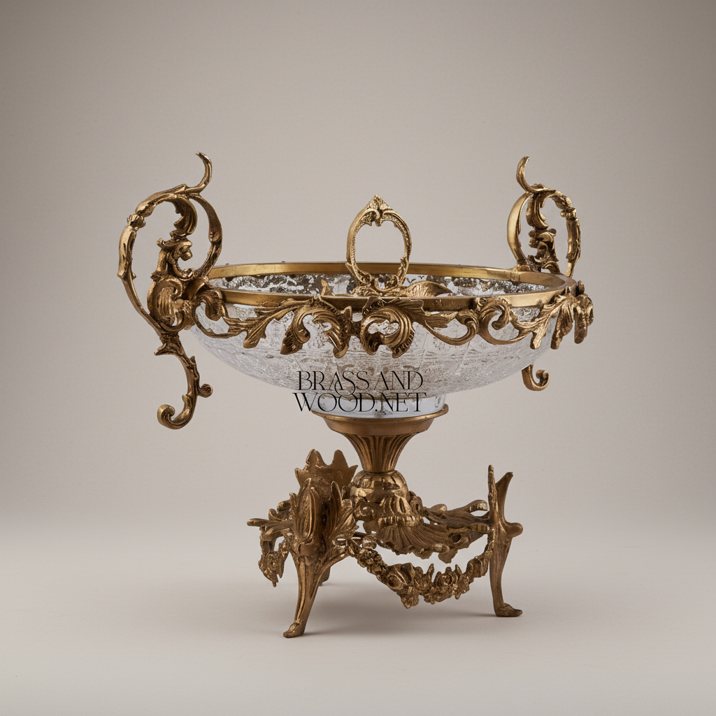 Baroque Crystal & Brass Centerpiece Bowl - Ornate Scrollwork Pedestal