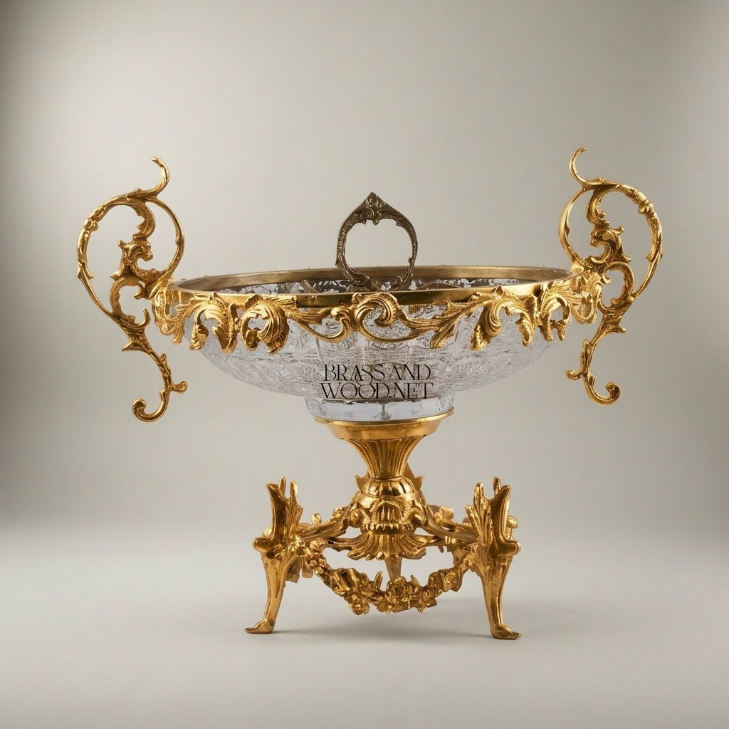 Baroque Crystal & Brass Centerpiece Bowl - Ornate Scrollwork Pedestal — Gold