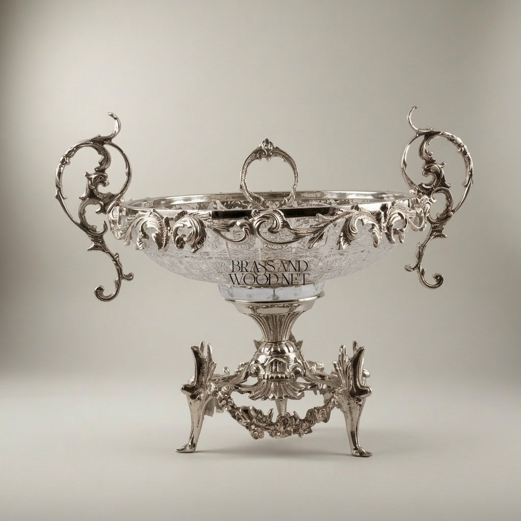 Baroque Crystal & Brass Centerpiece Bowl - Ornate Scrollwork Pedestal — Silver
