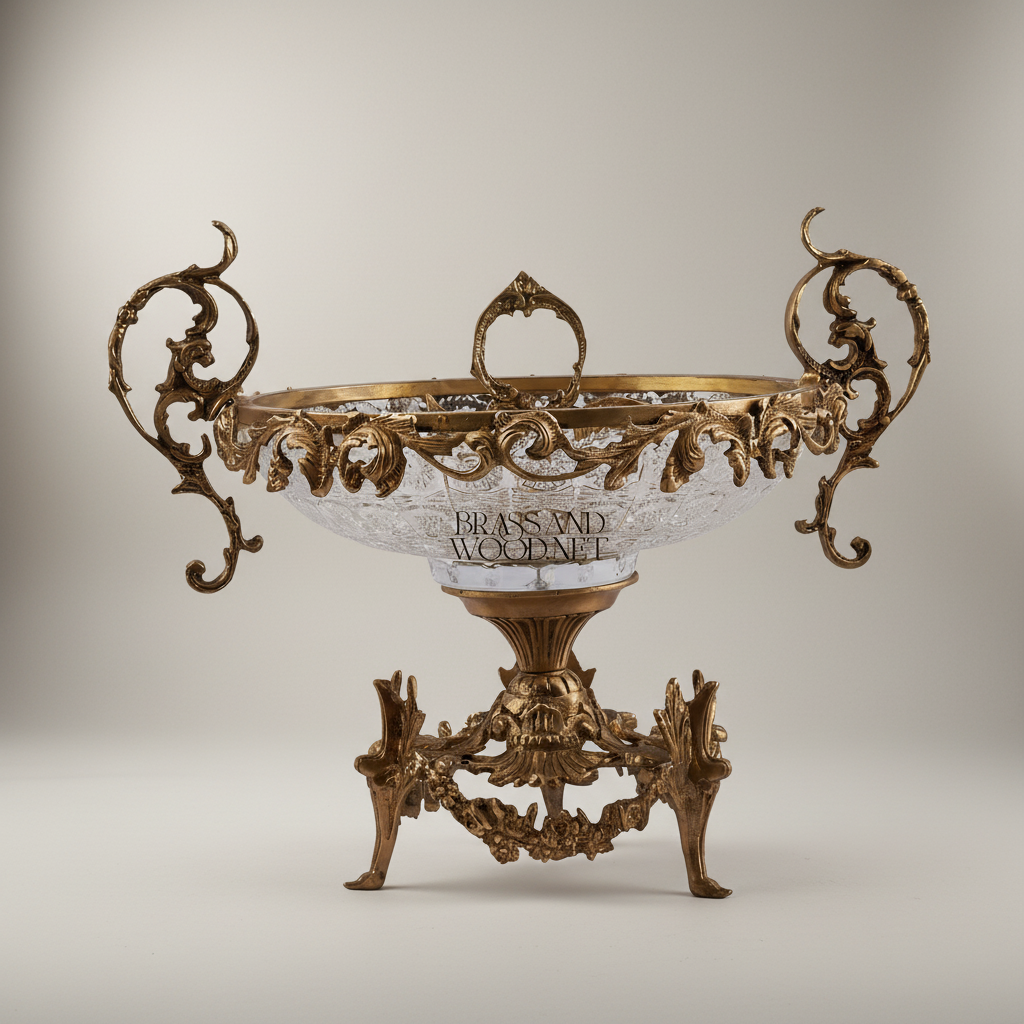 Baroque Crystal & Brass Centerpiece Bowl - Ornate Scrollwork Pedestal — Antique Gold