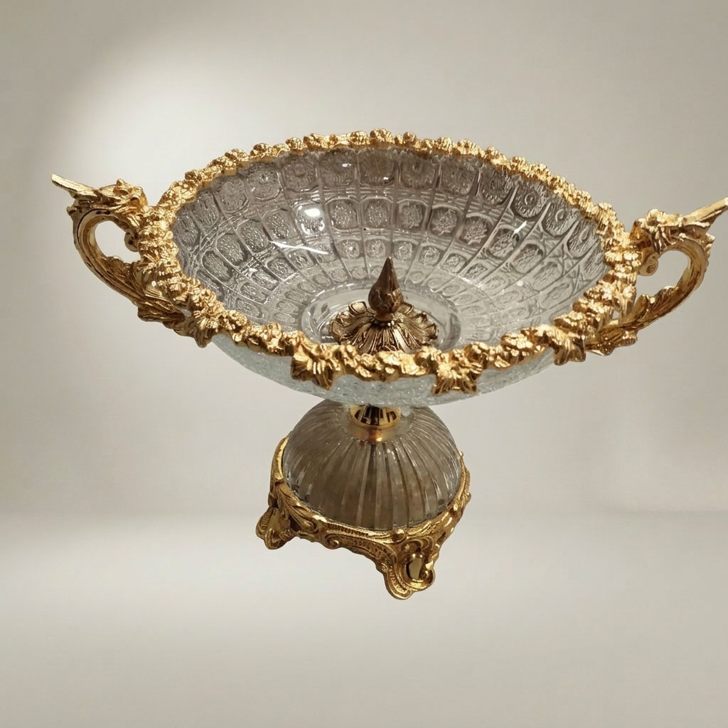 Baroque Crystal & Brass Centerpiece Bowl with Ornate Pedestal Handles