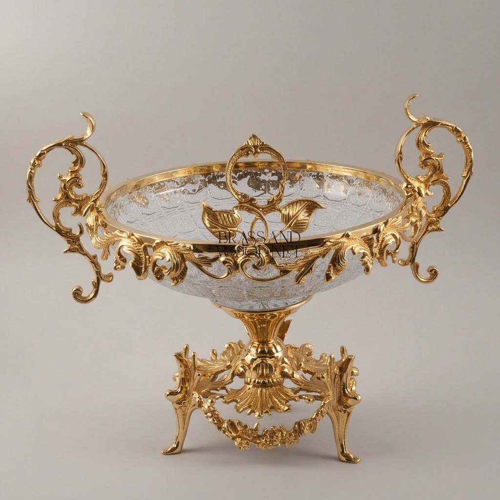 Baroque Crystal & Brass Centerpiece Bowl - Ornate Scrollwork Pedestal — Gold