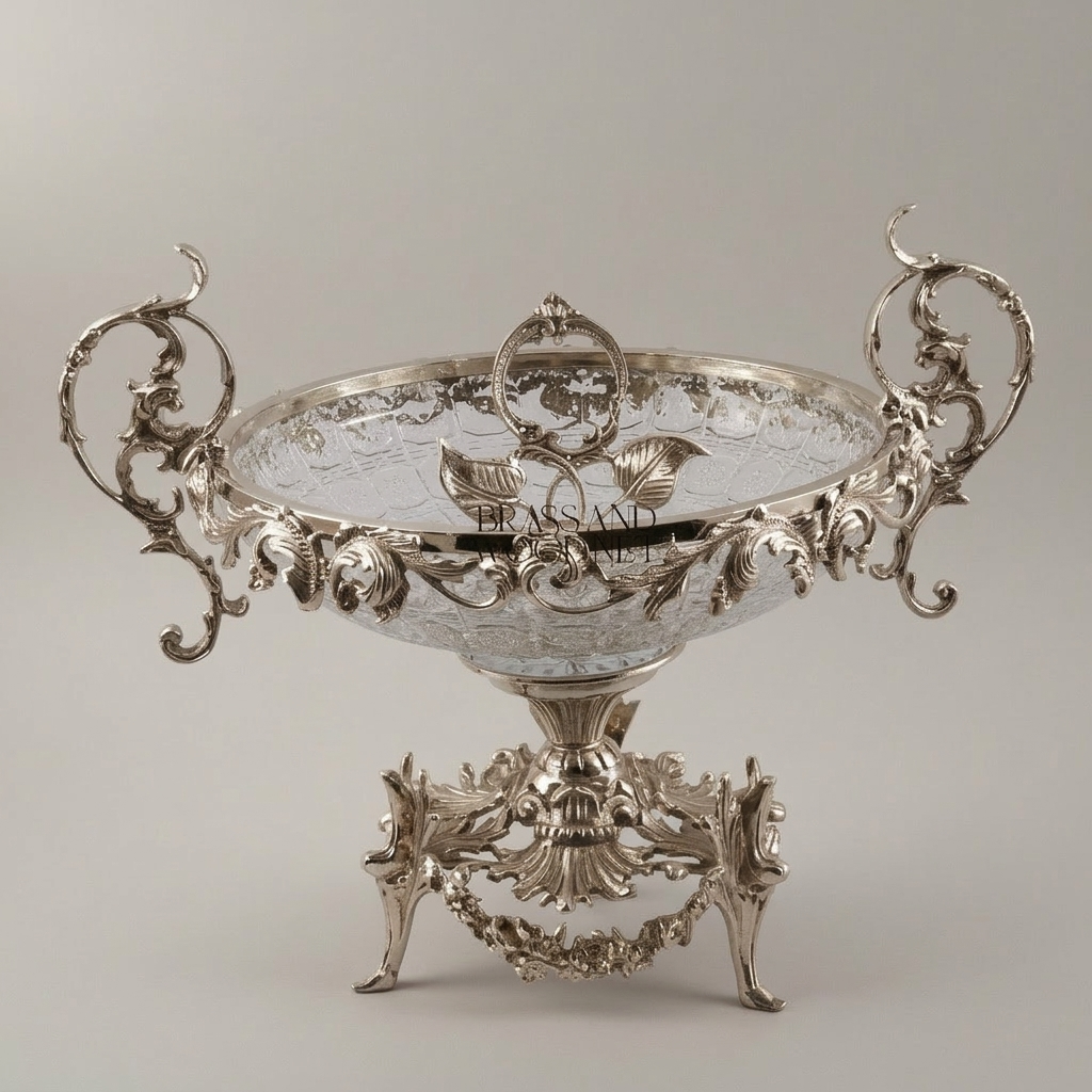 Baroque Crystal & Brass Centerpiece Bowl - Ornate Scrollwork Pedestal — Silver