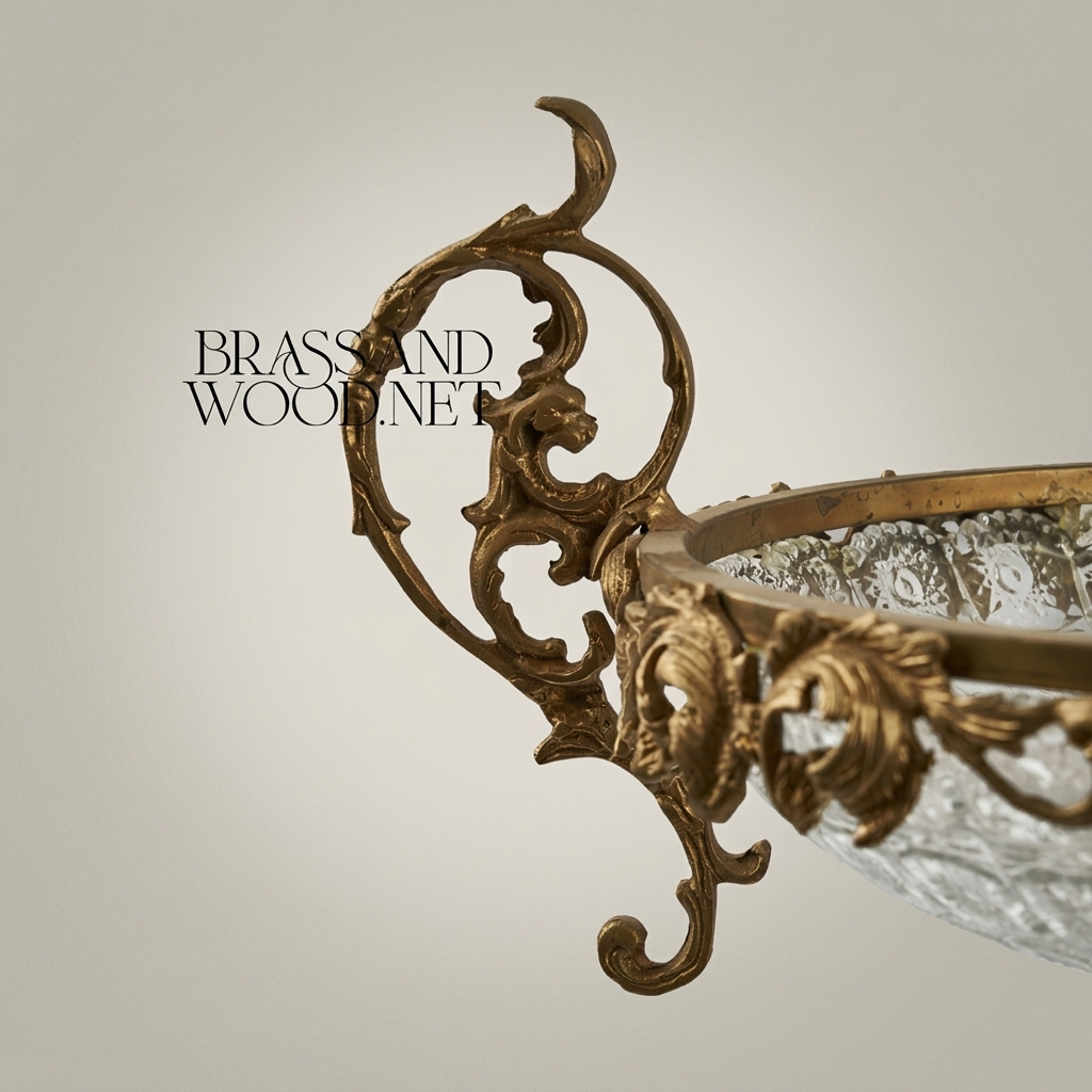 Baroque Crystal & Brass Centerpiece Bowl with Scrolled Handles — Antique Gold