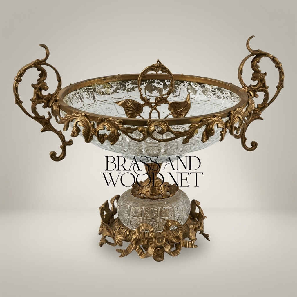 Baroque Crystal & Brass Centerpiece Bowl with Scrolled Handles — Antique Gold
