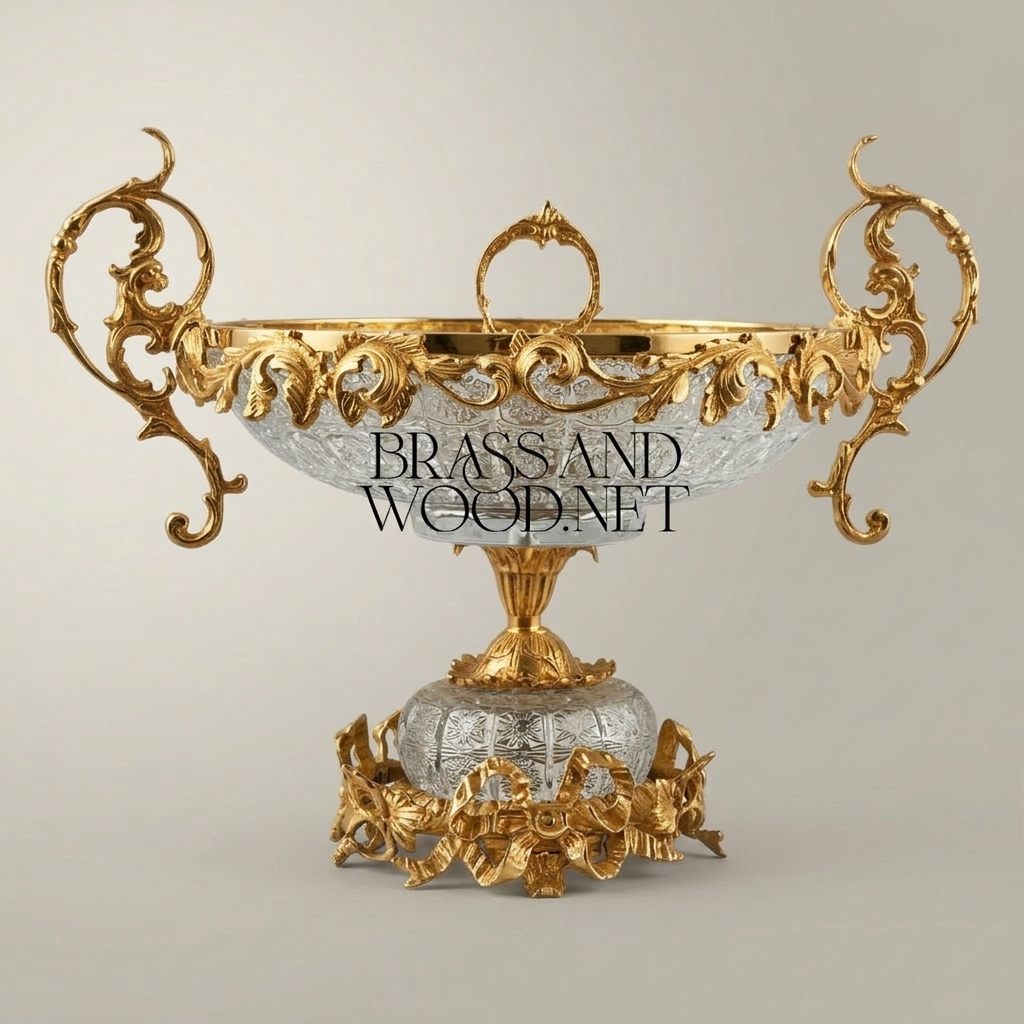 Baroque Crystal & Brass Centerpiece Bowl with Scrolled Handles